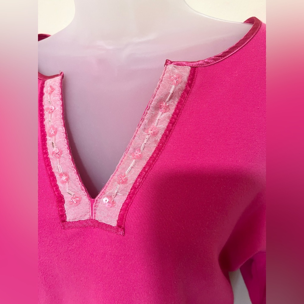 The Limited Y2K Top L Mesh Floral Sequin Neck Satin Trim Pink Barbie Preppy - Picture 5 of 8